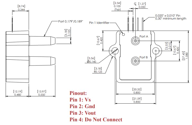 Technische Zeichnung - Amphenol All Sensors ADCA-Baureihe Verstärkte Niederdrucksensoren Technische Zeichnung - Amphenol All Sensors ADCA-Baureihe Verstärkte Niederdrucksensoren